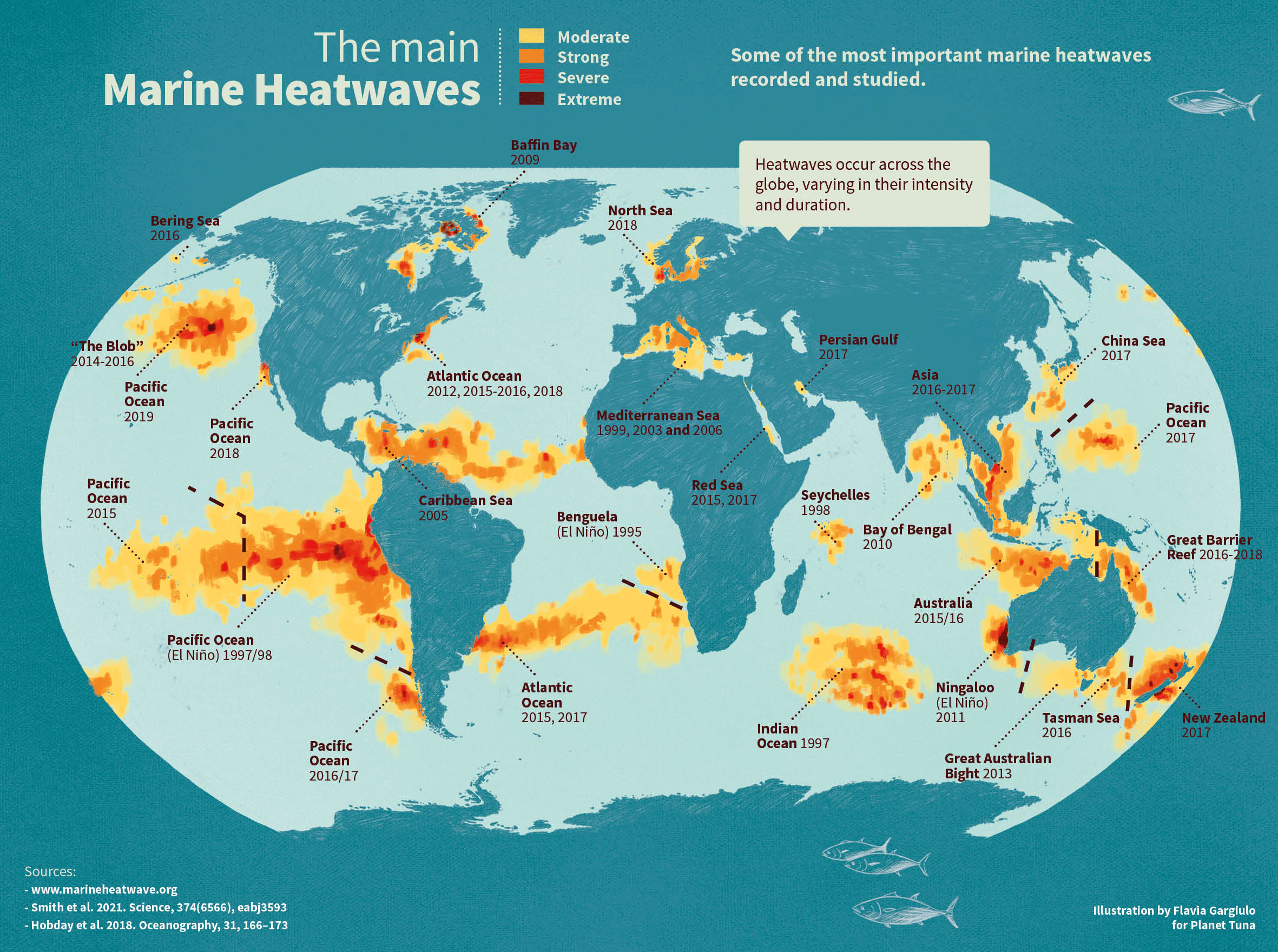 The illustration shows the world’s most significant marine heatwaves. It includes a bar chart highlighting the development of the intensity and frequency of marine heatwaves over time. The map shows the most significant heatwaves around the globe and the date on which they occurred.